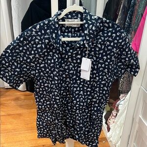 Kenny Flowers Navy Short Sleeve Button-Up with White Tropical Motifs
